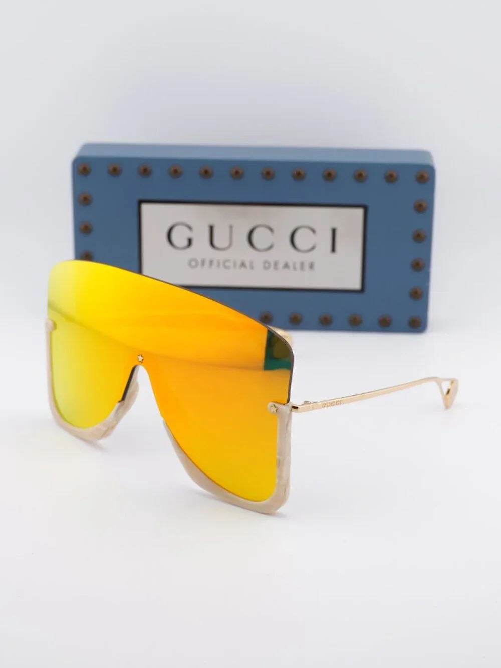 Gucci GG0540S 004 Shield Sunglasses - Beige/Gold\ Orange Mirror